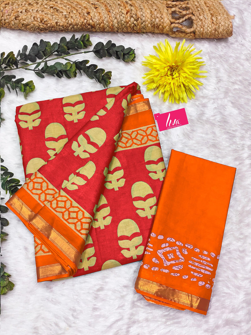 Orange Pure Soft Mal Mal Cotton Bagru Block Print Saree