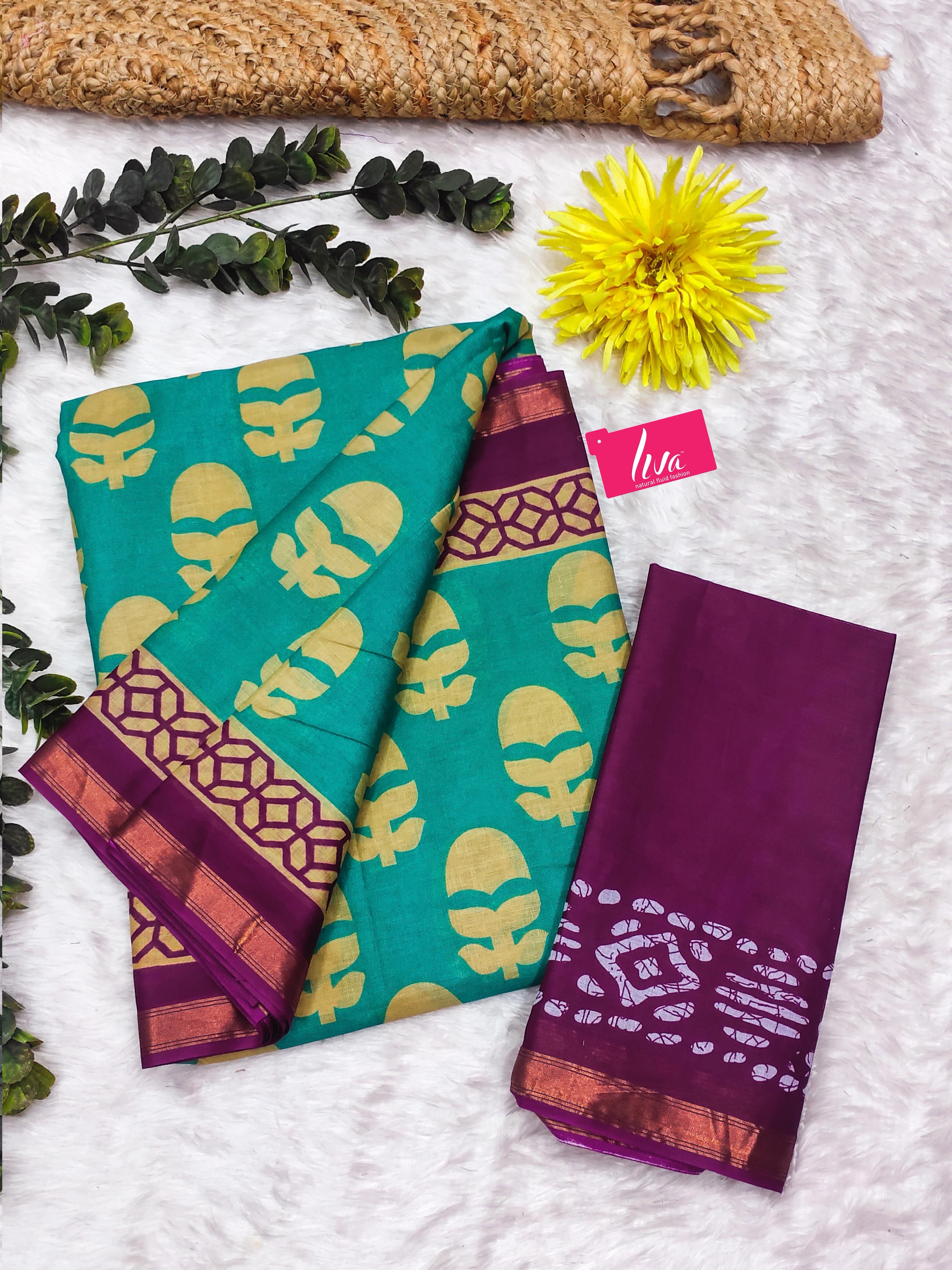 Green Pure Soft Mal Mal Cotton Bagru Block Print Saree Cotton saree Anant Tex Exports Pvt.Ltd..