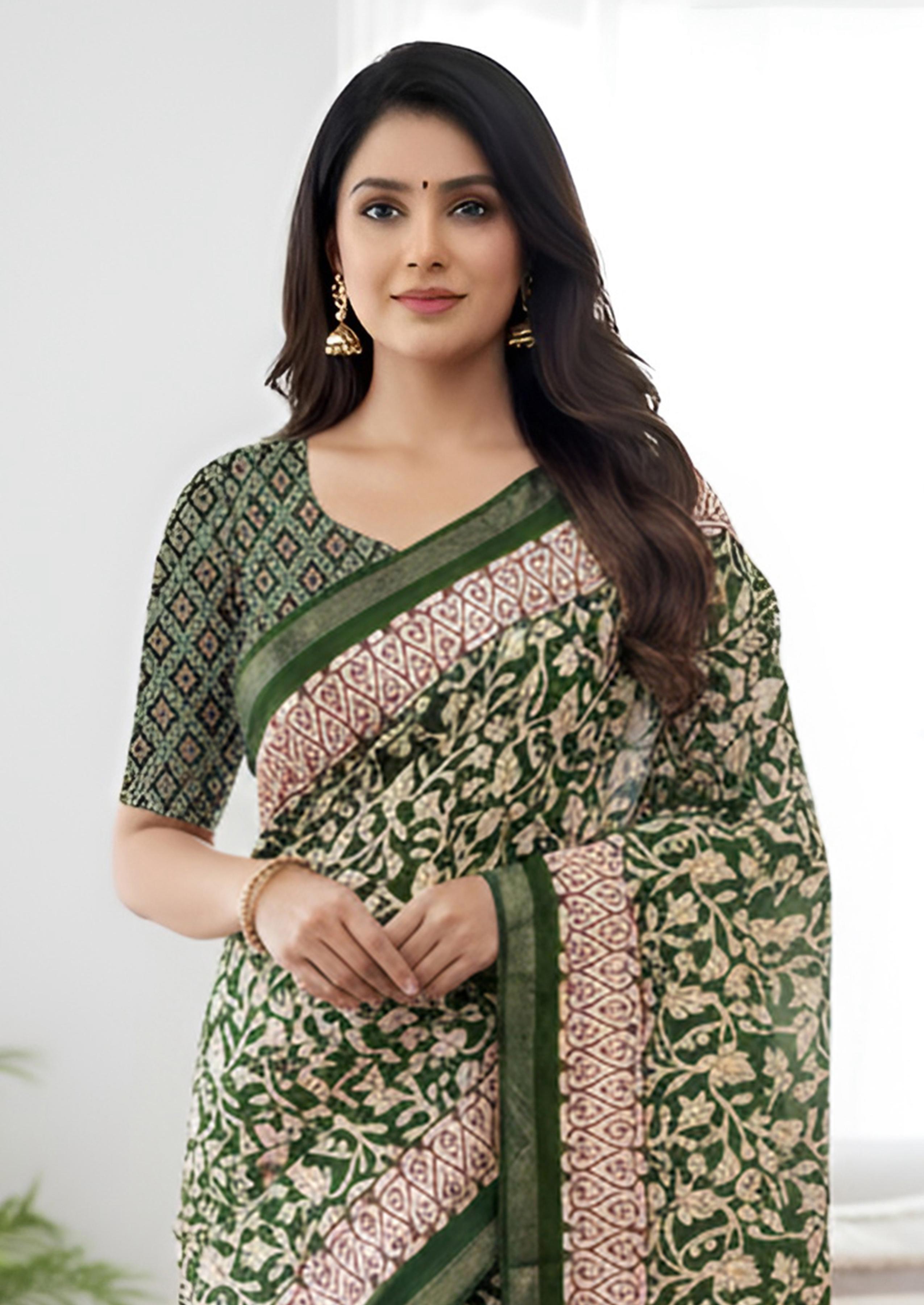 Green Pure Soft Mal Mal Cotton Bagru Block Print Saree