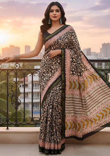 Black Pure Soft Mal Mal Cotton Bagru Block Print Saree