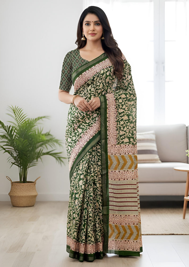 Green Pure Soft Mal Mal Cotton Bagru Block Print Saree
