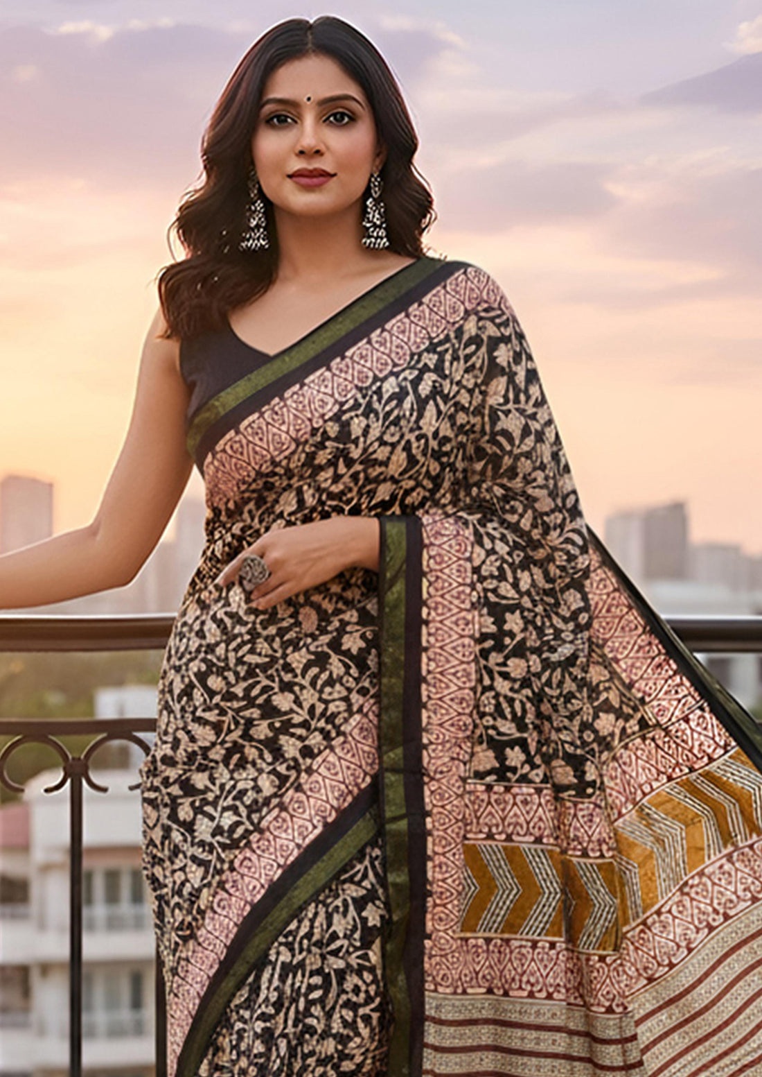 Black Pure Soft Mal Mal Cotton Bagru Block Print Saree Cotton saree Anant Tex Exports Pvt.Ltd..
