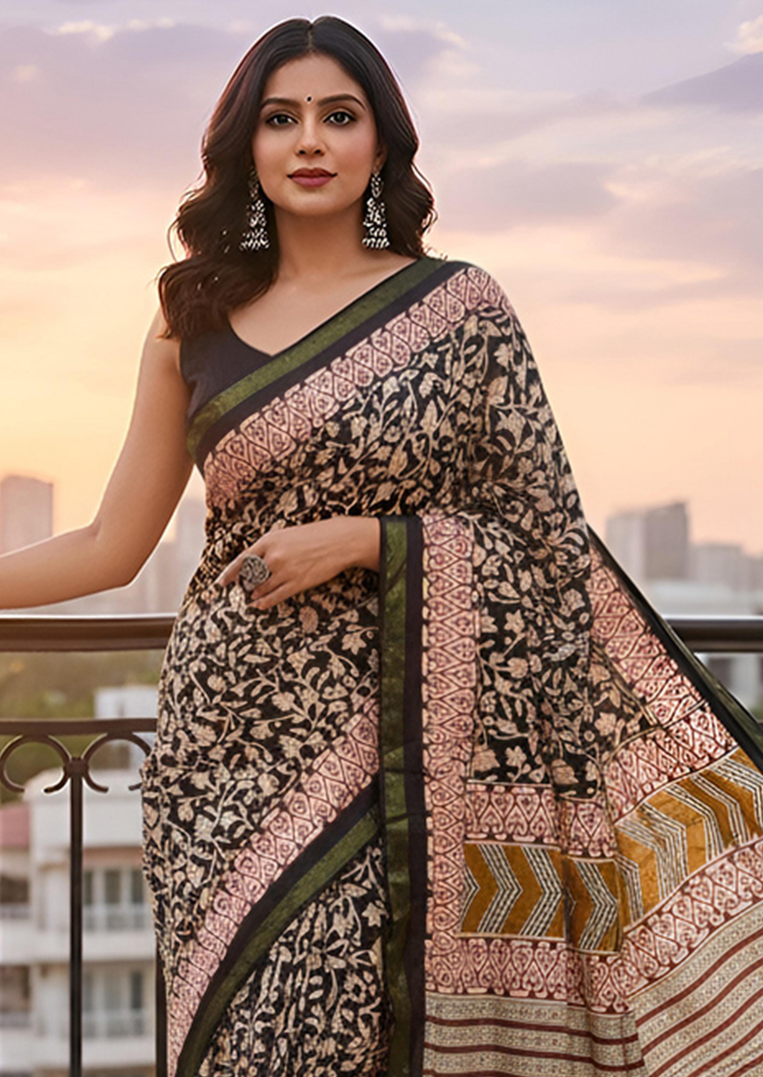 Black Pure Soft Mal Mal Cotton Bagru Block Print Saree