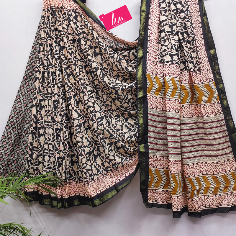 Black Pure Soft Mal Mal Cotton Bagru Block Print Saree