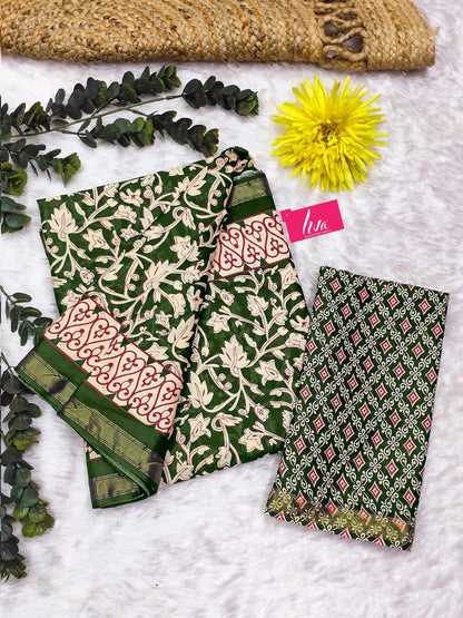 Green Pure Soft Mal Mal Cotton Bagru Block Print Saree Cotton saree Anant Tex Exports Pvt.Ltd..
