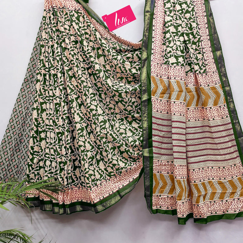 Green Pure Soft Mal Mal Cotton Bagru Block Print Saree