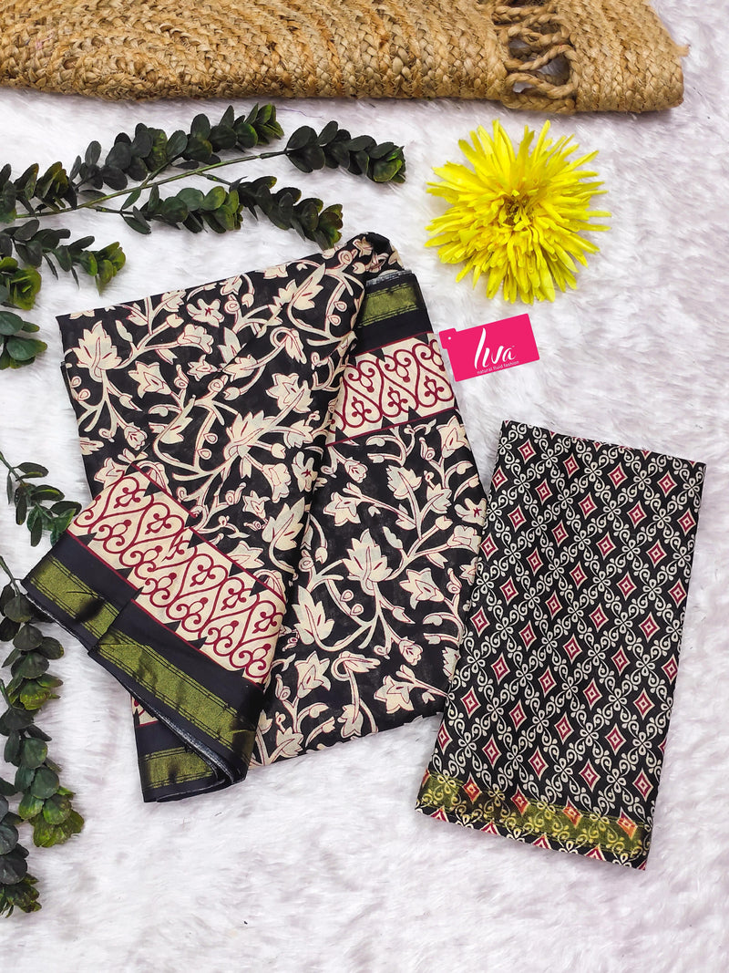 Black Pure Soft Mal Mal Cotton Bagru Block Print Saree