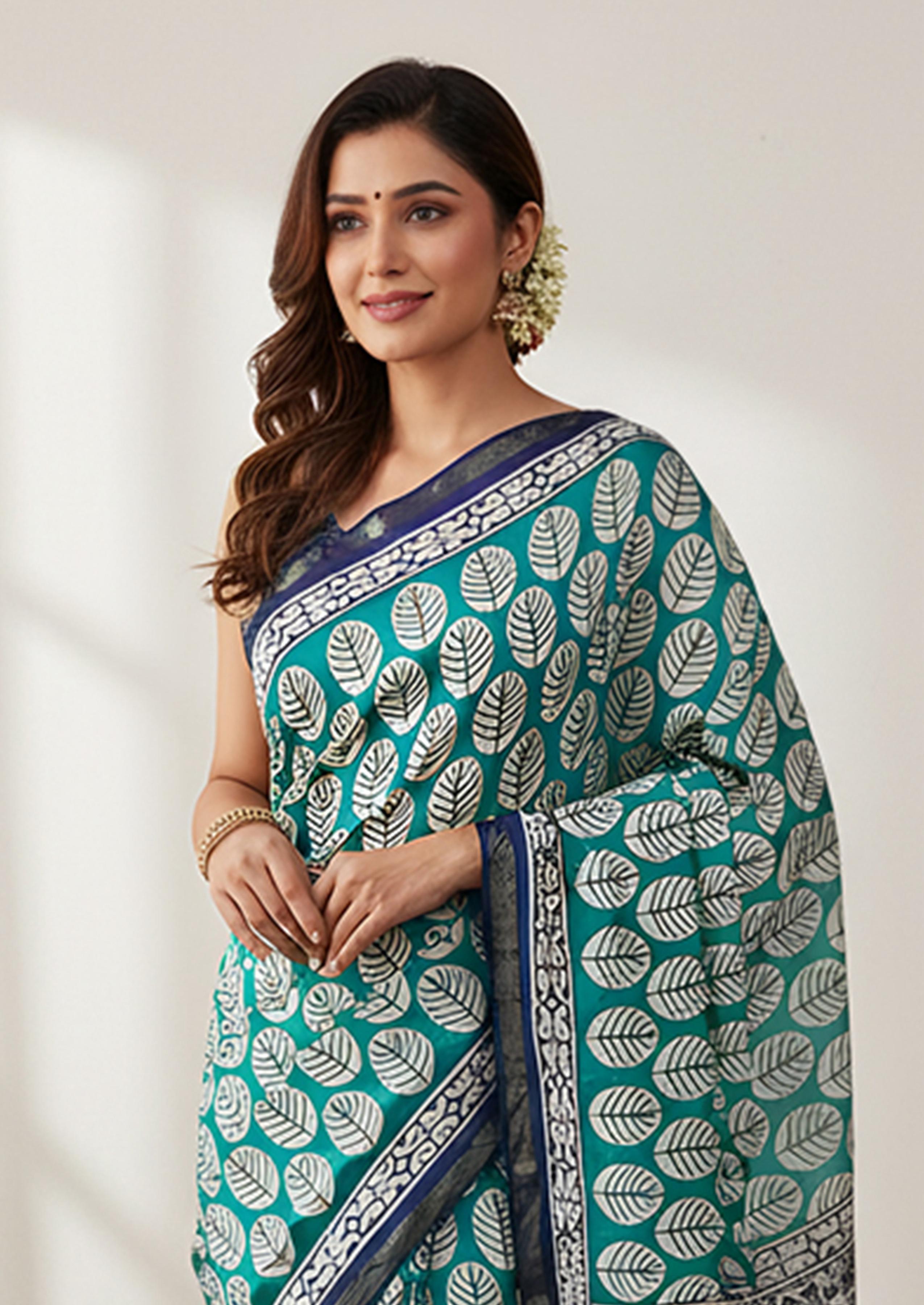 Green Pure Soft Mal Mal Cotton Bagru Block Print Saree