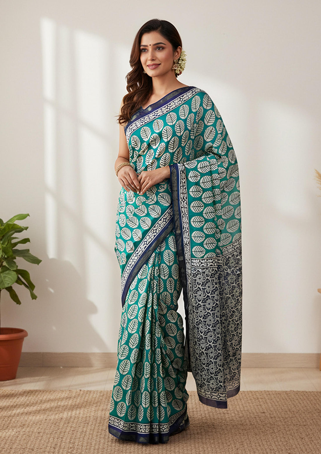Green Pure Soft Mal Mal Cotton Bagru Block Print Saree Cotton saree Anant Tex Exports Pvt.Ltd..