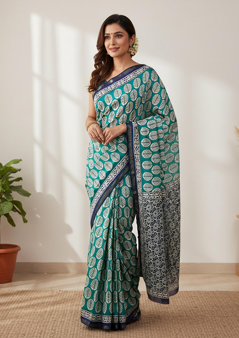 Green Pure Soft Mal Mal Cotton Bagru Block Print Saree