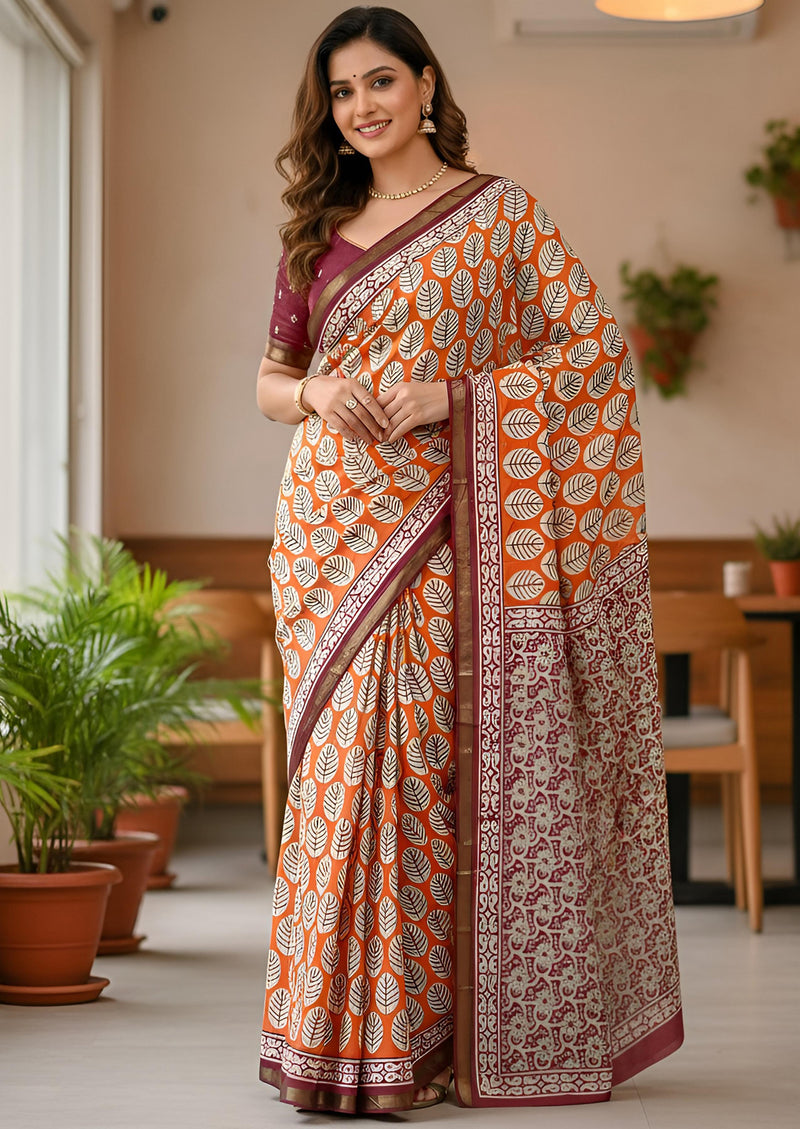 Orange Pure Soft Mal Mal Cotton Bagru Block Print Saree