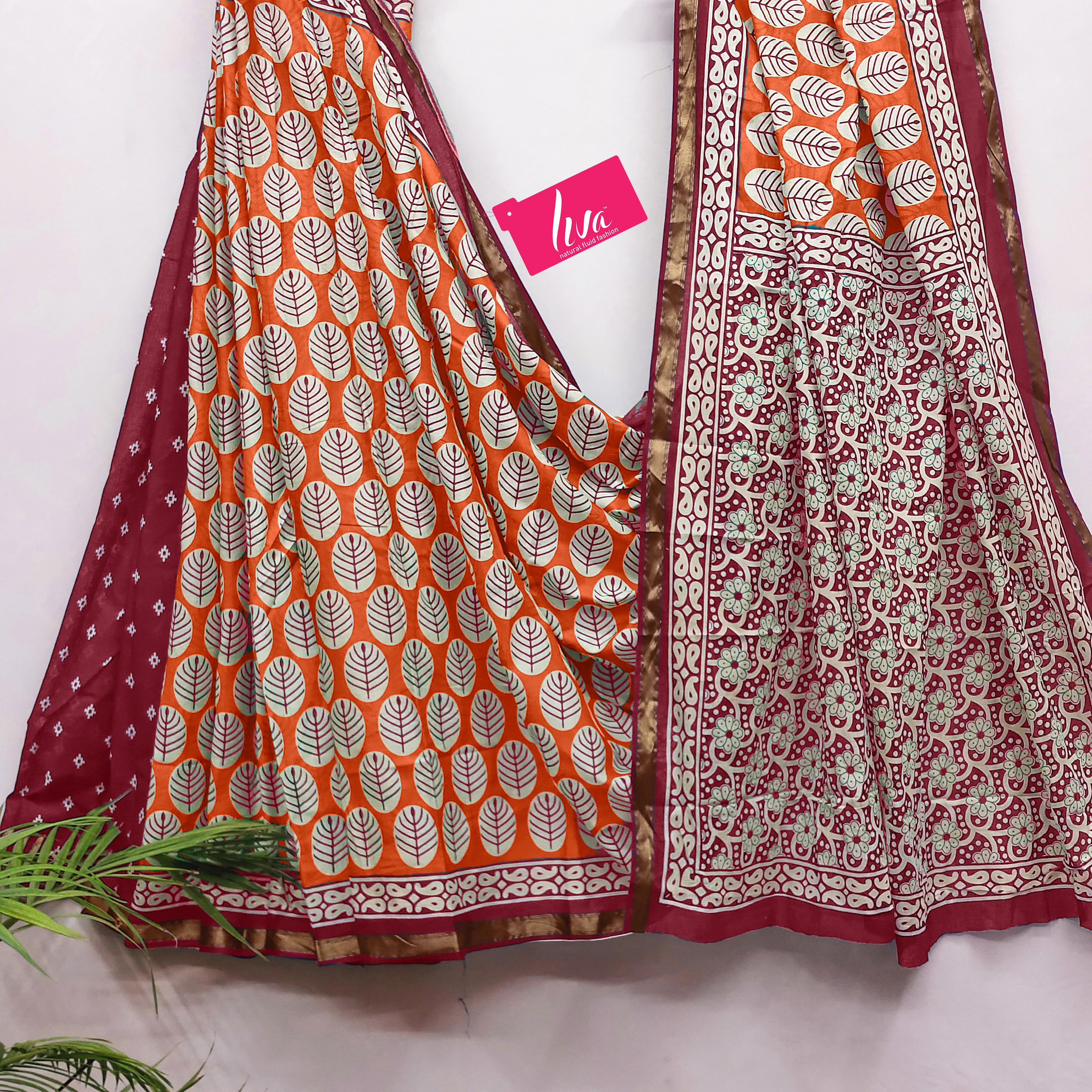 Orange Pure Soft Mal Mal Cotton Bagru Block Print Saree Cotton saree Anant Tex Exports Pvt.Ltd..