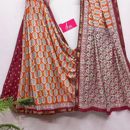 Orange Pure Soft Mal Mal Cotton Bagru Block Print Saree Cotton saree Anant Tex Exports Pvt.Ltd..