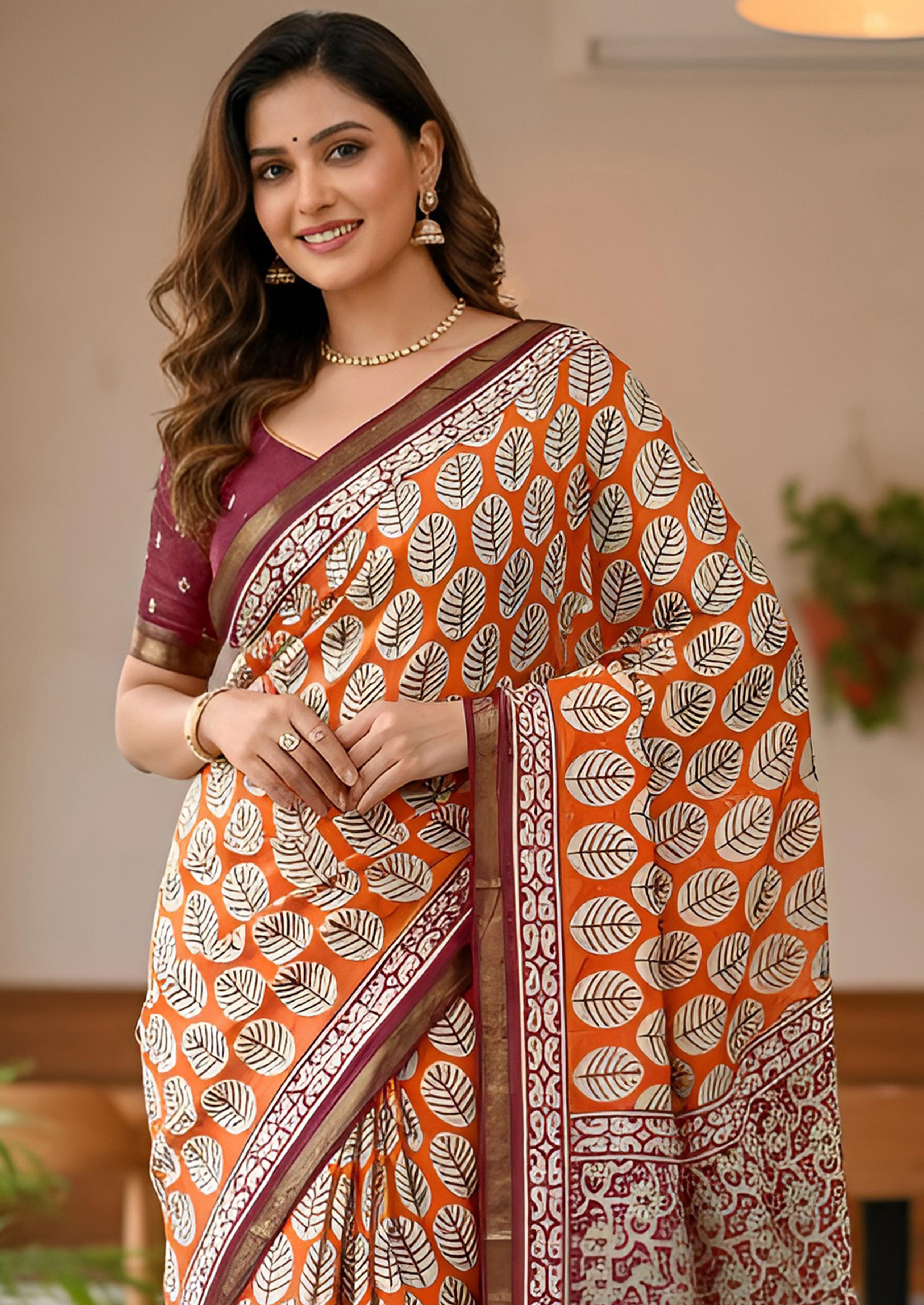 Orange Pure Soft Mal Mal Cotton Bagru Block Print Saree