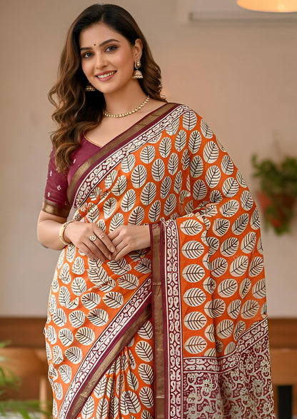 Orange Pure Soft Mal Mal Cotton Bagru Block Print Saree Cotton saree Anant Tex Exports Pvt.Ltd..