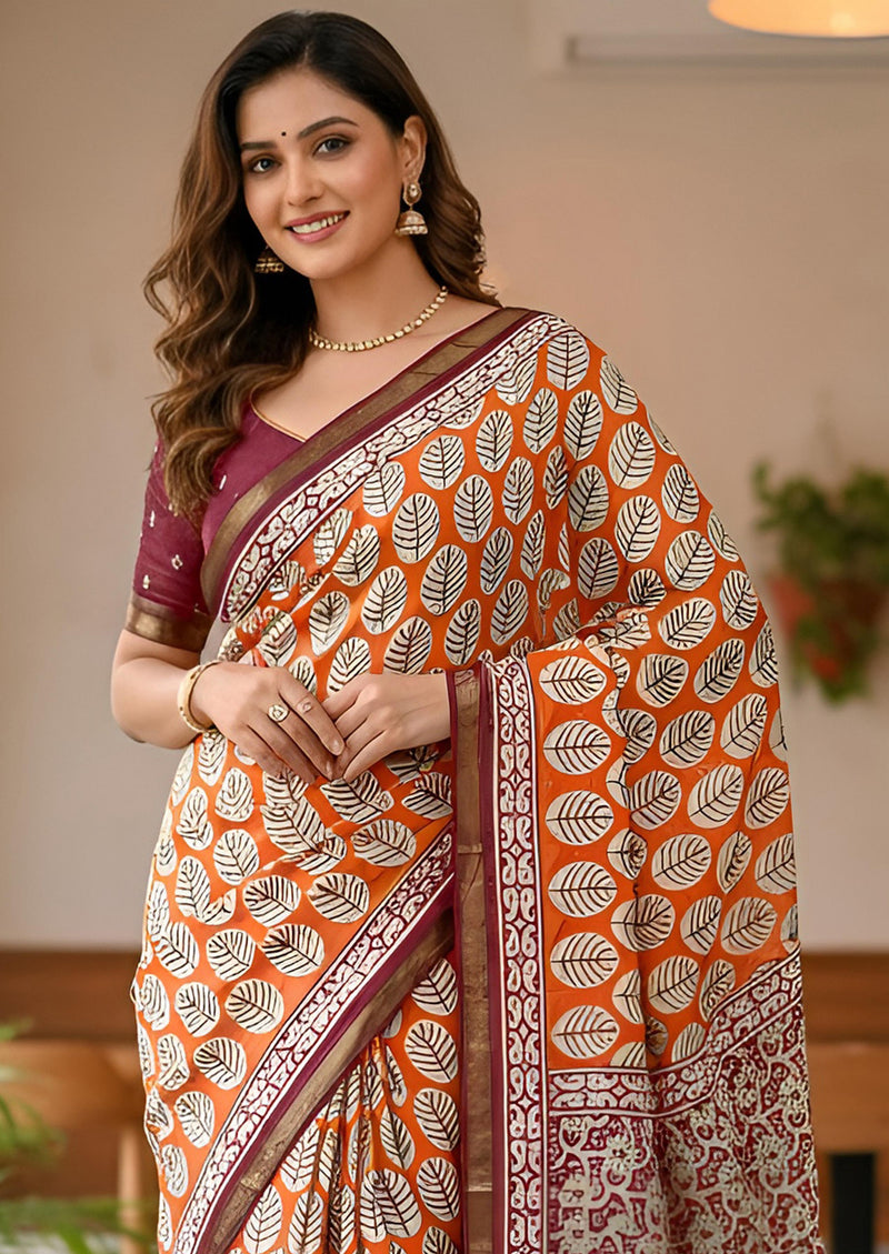 Orange Pure Soft Mal Mal Cotton Bagru Block Print Saree