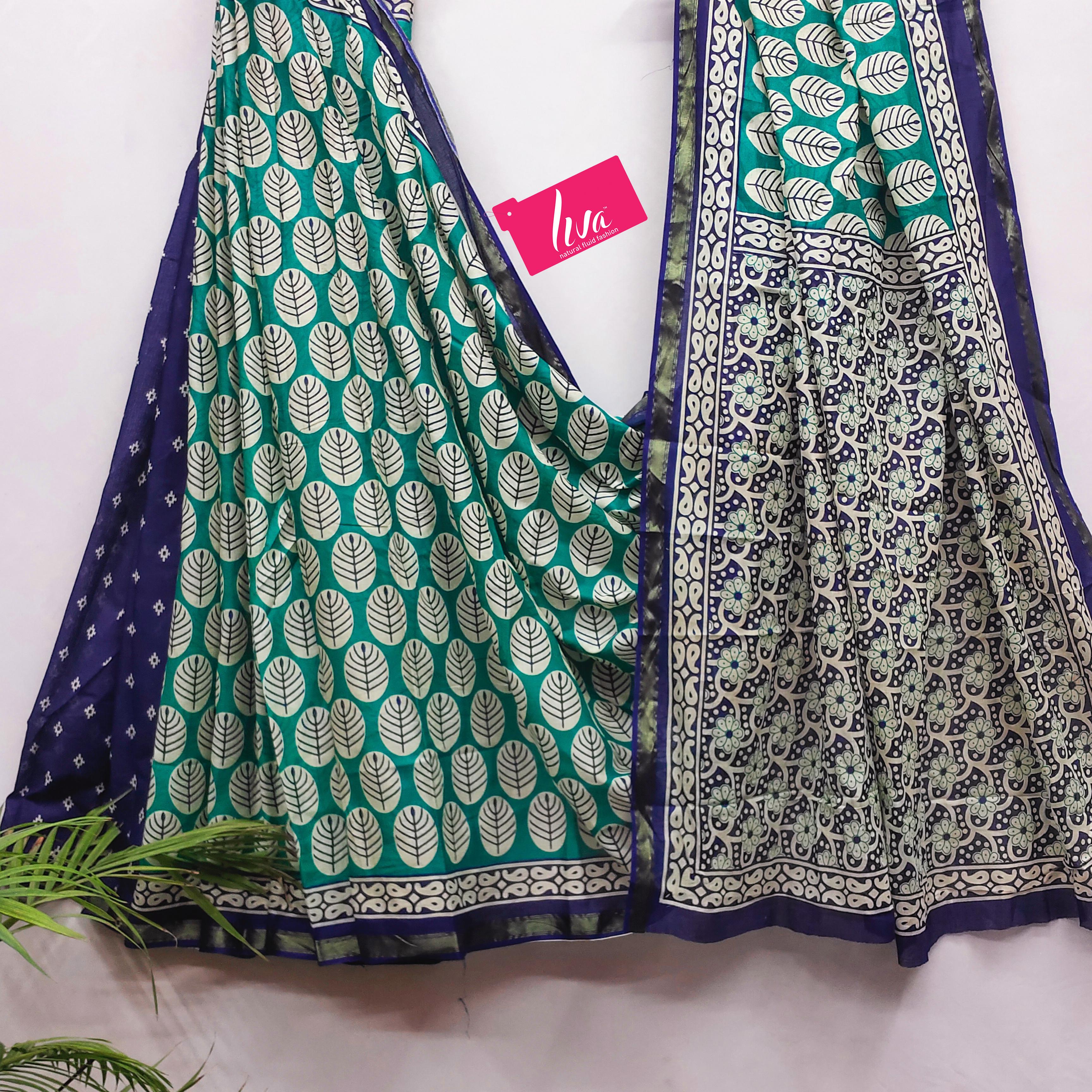 Green Pure Soft Mal Mal Cotton Bagru Block Print Saree Cotton saree Anant Tex Exports Pvt.Ltd..