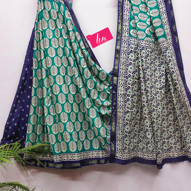 Green Pure Soft Mal Mal Cotton Bagru Block Print Saree