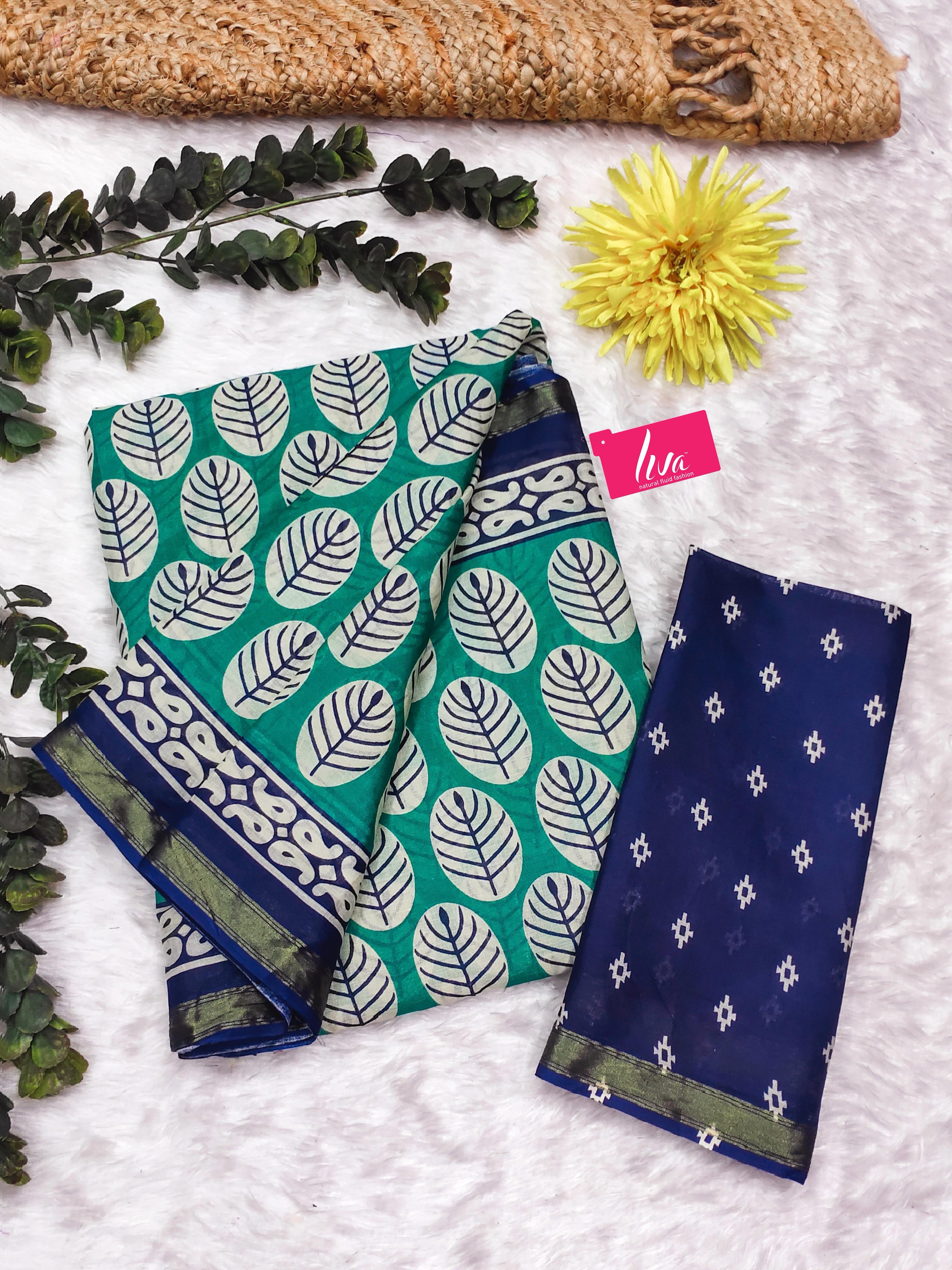 Green Pure Soft Mal Mal Cotton Bagru Block Print Saree Cotton saree Anant Tex Exports Pvt.Ltd..