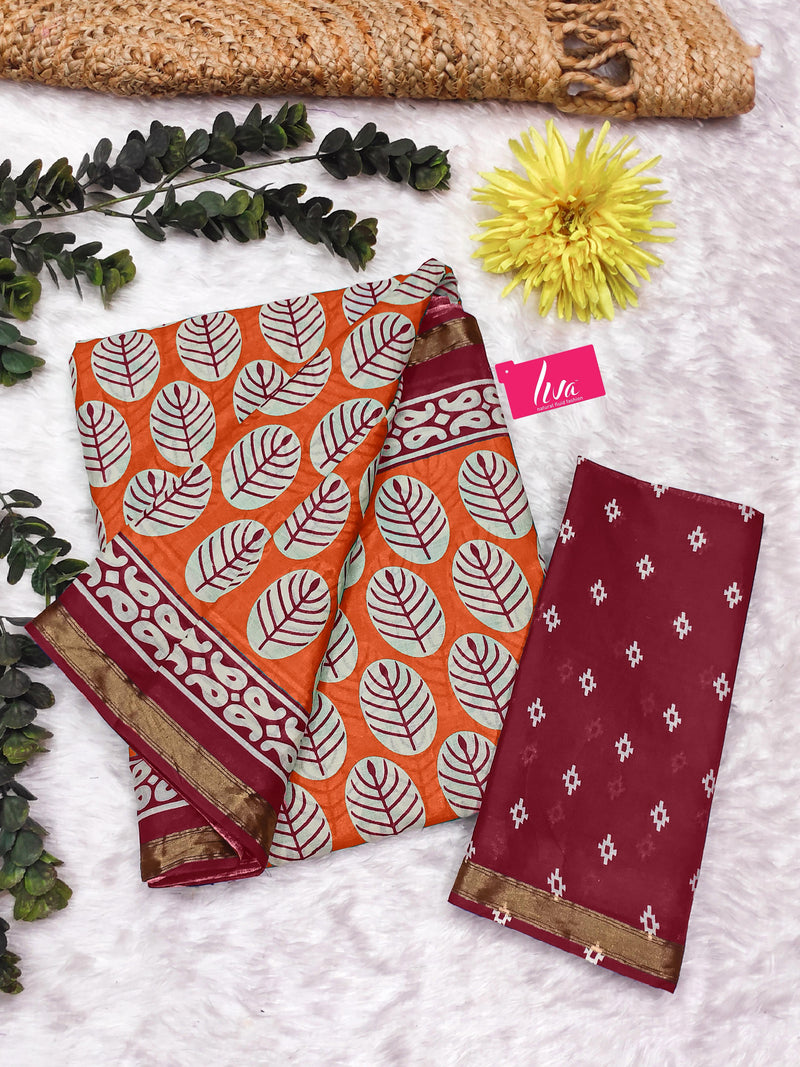 Orange Pure Soft Mal Mal Cotton Bagru Block Print Saree