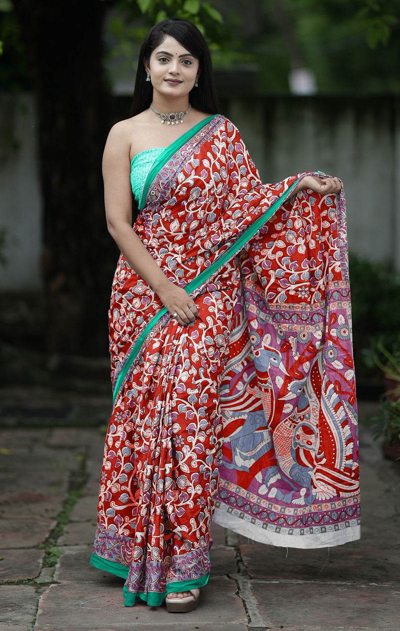 Red Pure Soft Cotton Bagru Block Print Saree
