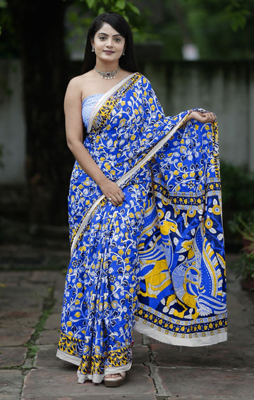 Royal Blue Pure Soft Cotton Bagru Block Print Saree