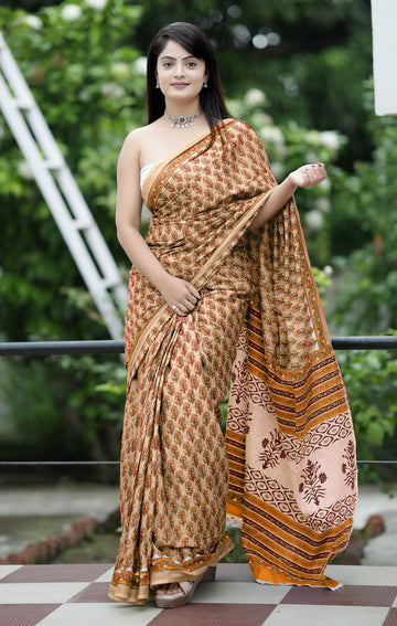 Orange Pure Soft Cotton Bagru Block Print Saree