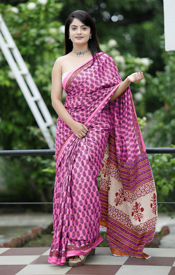 Pink Pure Soft Cotton Bagru Block Print Saree