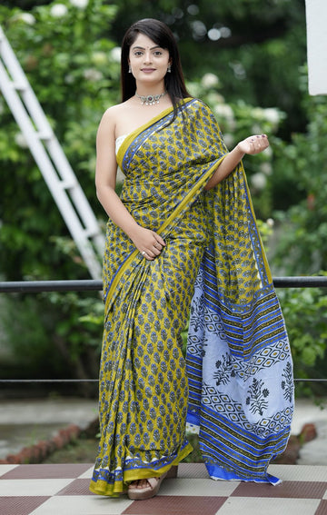 Green Pure Soft Cotton Bagru Block Print Saree