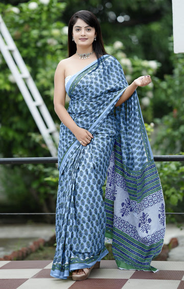 Sky Blue Pure Soft Cotton Bagru Block Print Saree