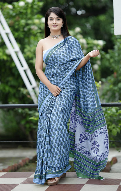 Sky Blue Pure Soft Cotton Bagru Block Print Saree Cotton saree Anant Tex Exports Pvt.Ltd..