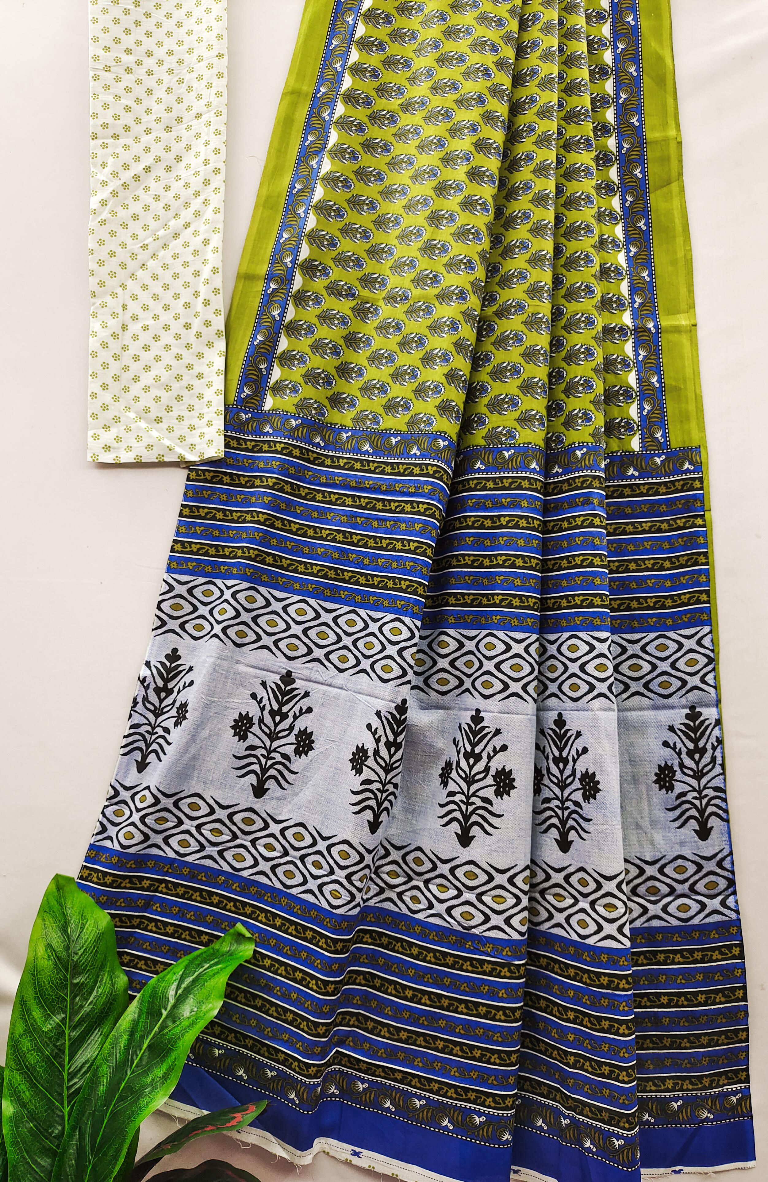 Green Pure Soft Cotton Bagru Block Print Saree