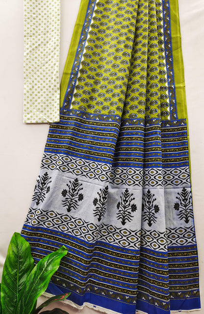 Green Pure Soft Cotton Bagru Block Print Saree Cotton saree Anant Tex Exports Pvt.Ltd..