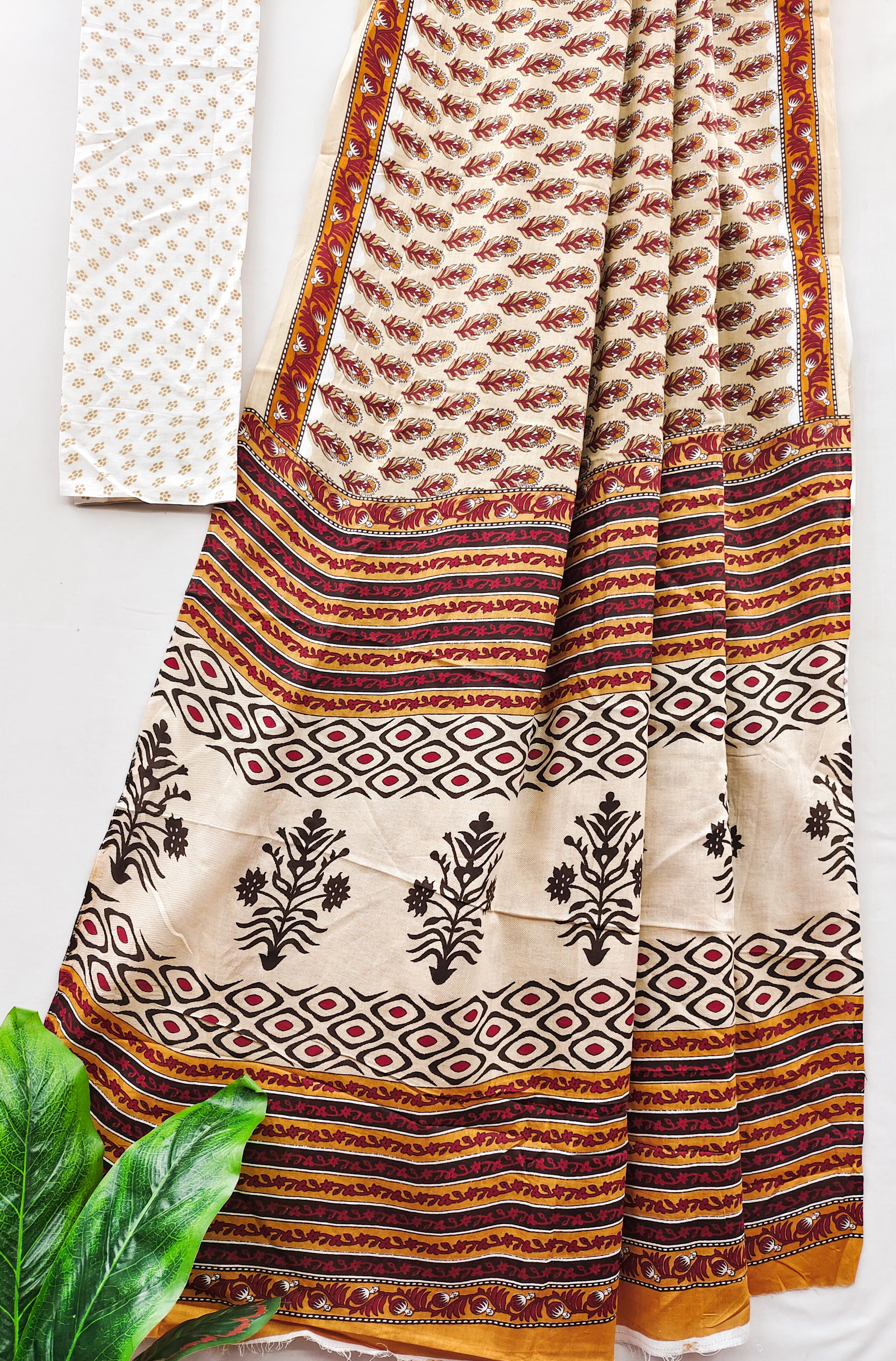 Orange Pure Soft Cotton Bagru Block Print Saree