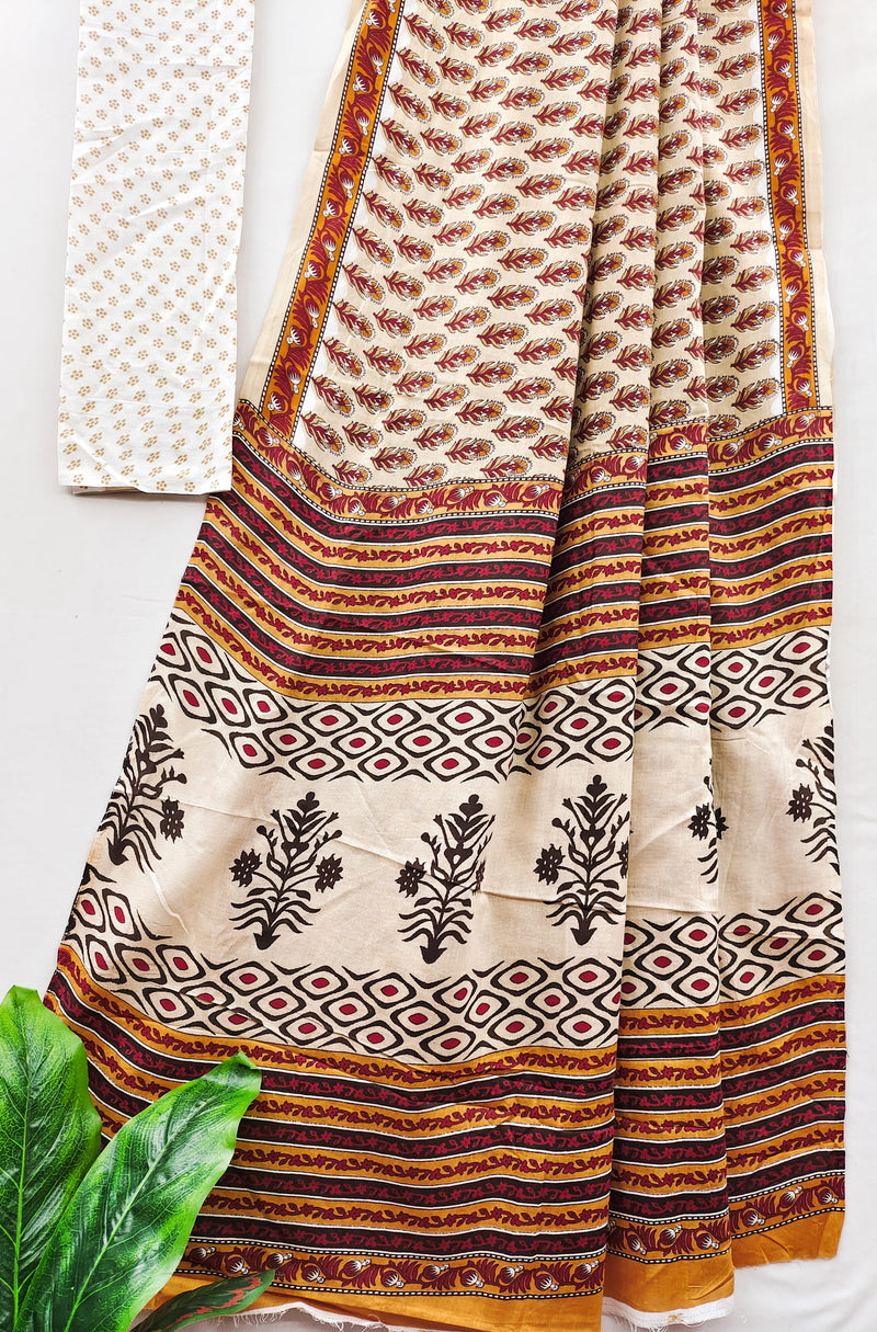 Orange Pure Soft Cotton Bagru Block Print Saree