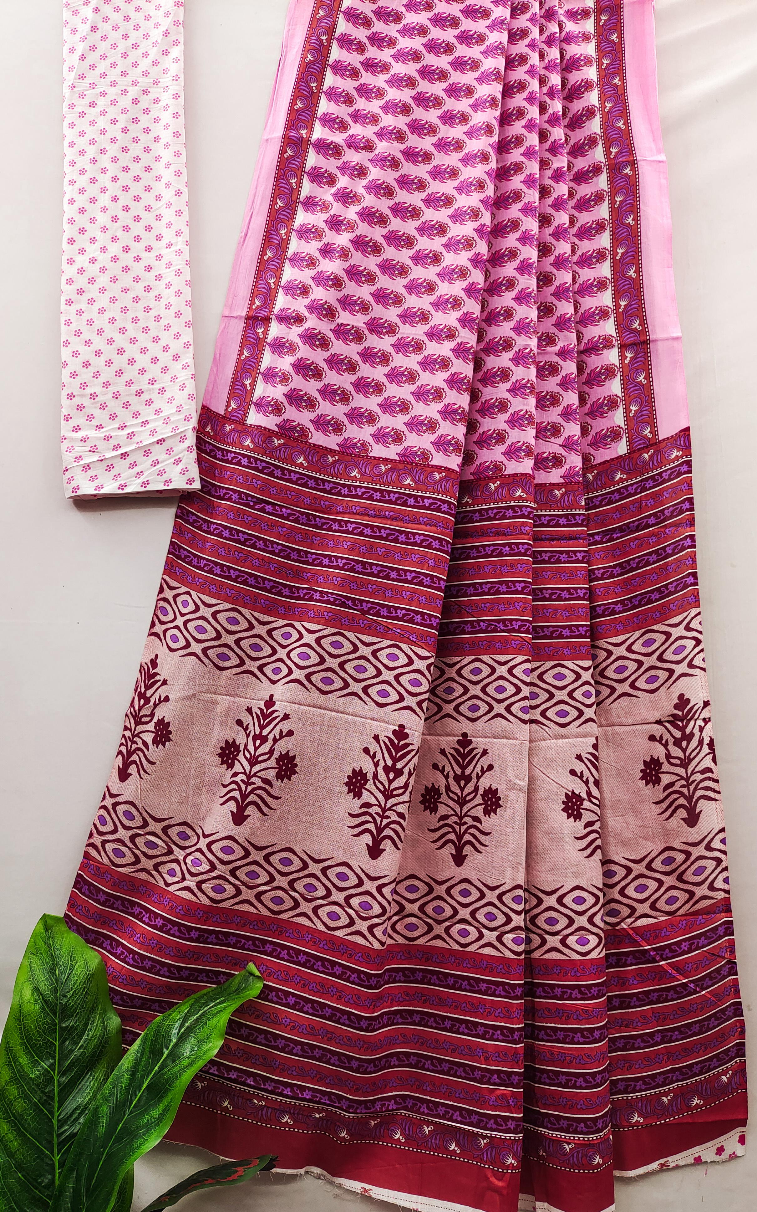 Pink Pure Soft Cotton Bagru Block Print Saree