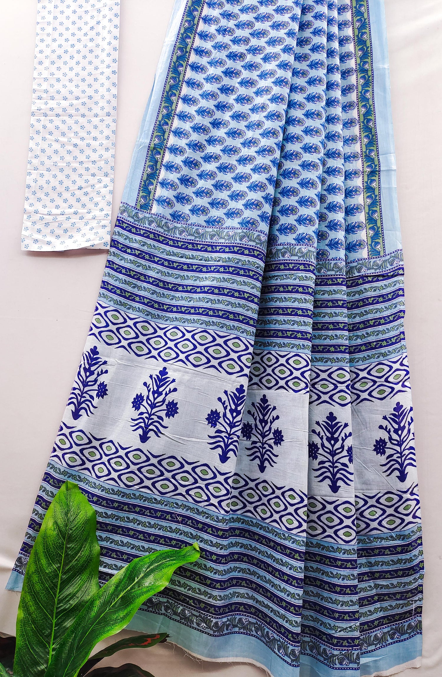 Sky Blue Pure Soft Cotton Bagru Block Print Saree Cotton saree Anant Tex Exports Pvt.Ltd..