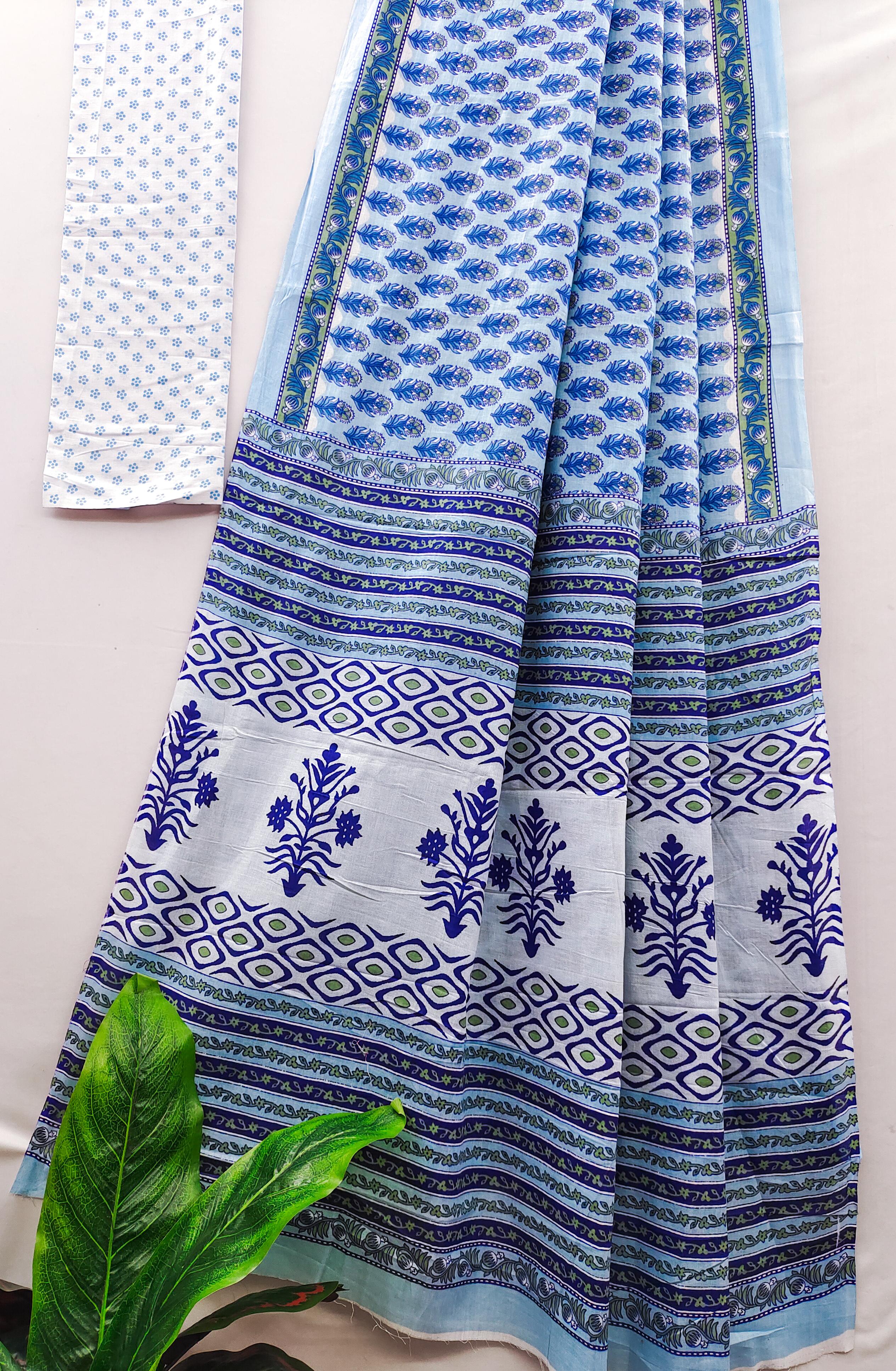 Sky Blue Pure Soft Cotton Bagru Block Print Saree