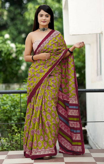 Mehandi Pure Soft Cotton Bagru Block Print Saree