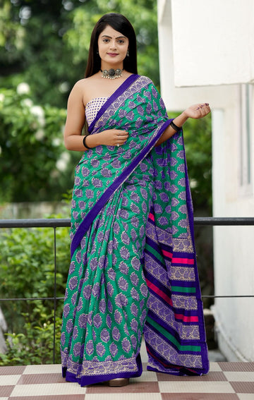 Light Green Pure Soft Cotton Bagru Block Print Saree