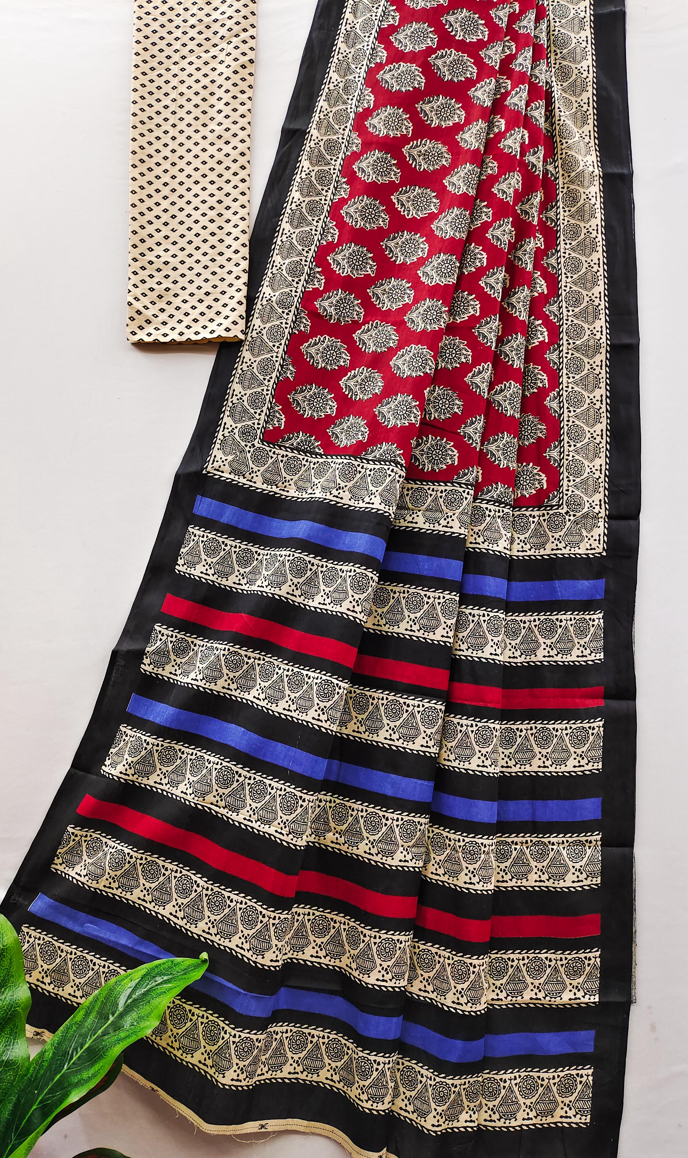 Red Pure Soft Cotton Bagru Block Print Saree