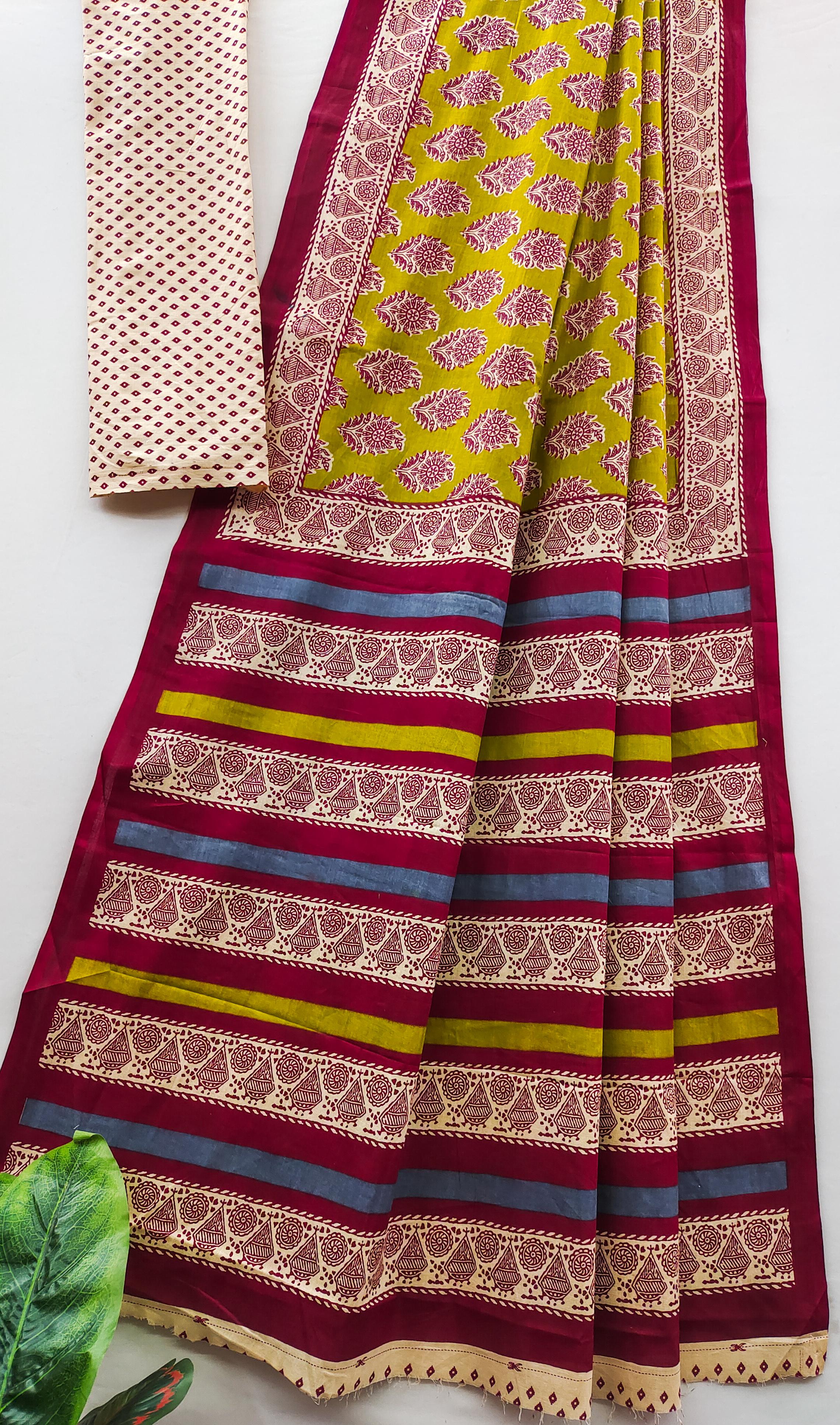 Mehandi Pure Soft Cotton Bagru Block Print Saree