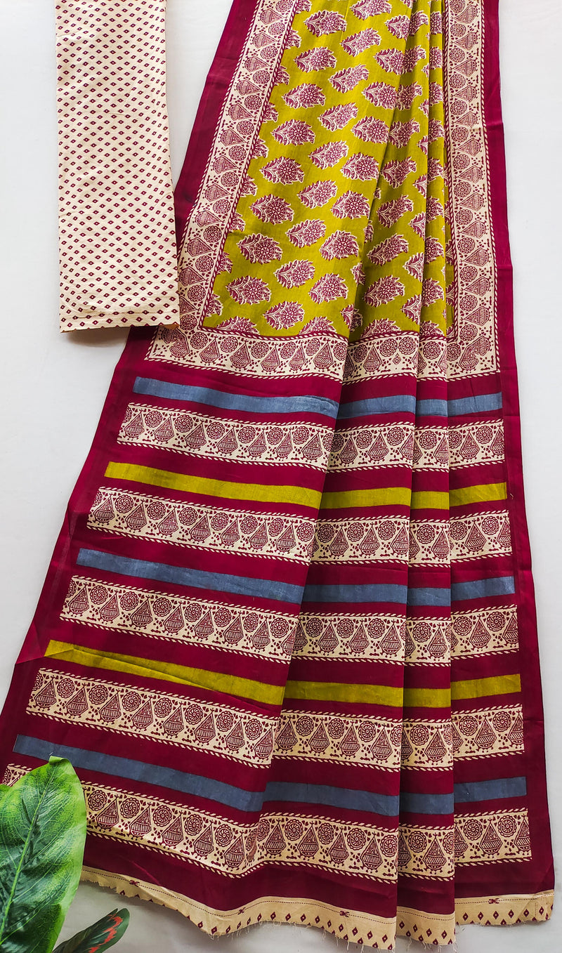 Mehandi Pure Soft Cotton Bagru Block Print Saree