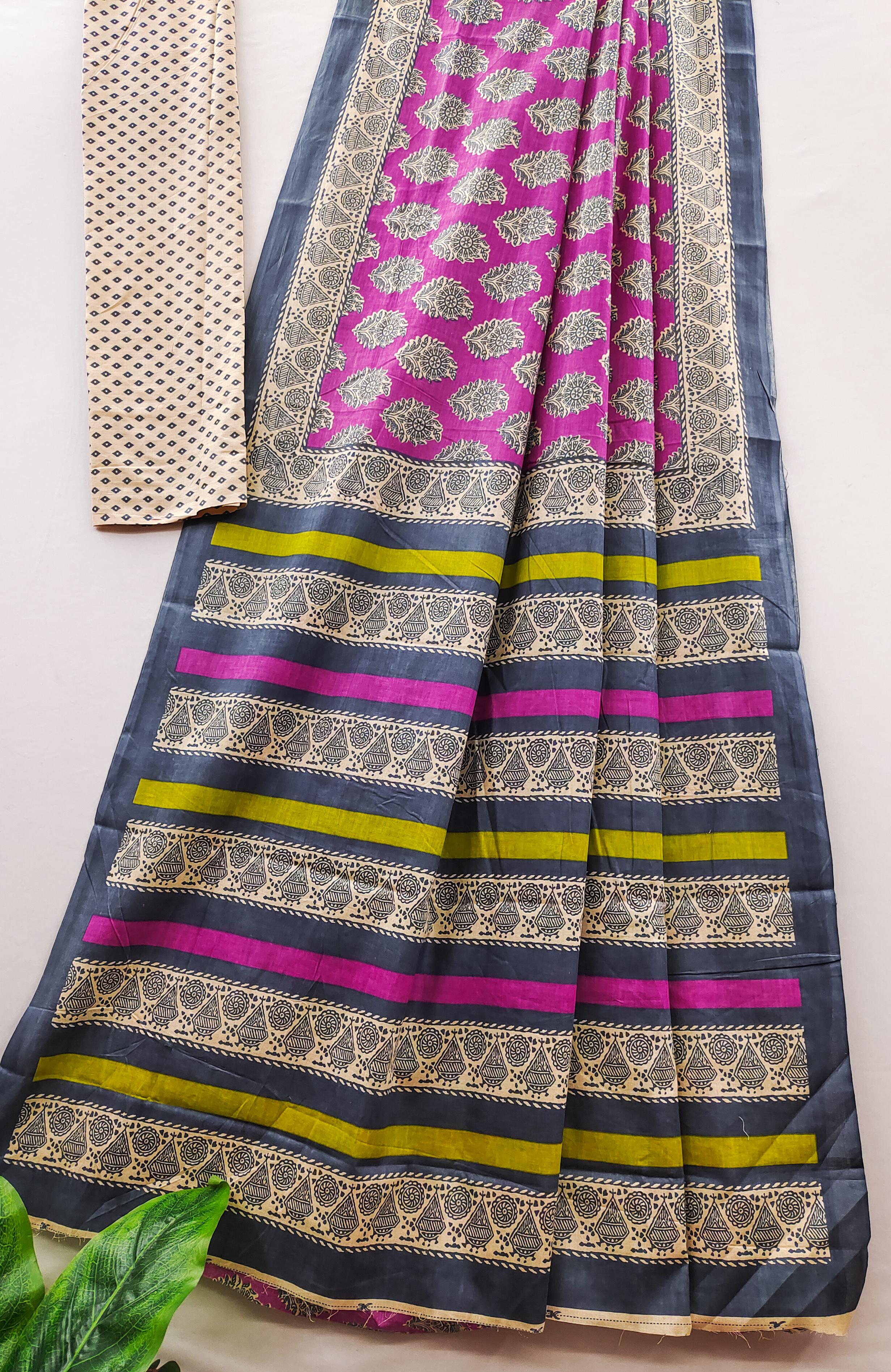 Purple Pure Soft Cotton Bagru Block Print Saree
