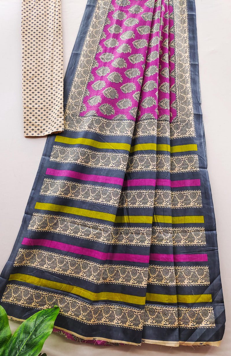 Purple Pure Soft Cotton Bagru Block Print Saree