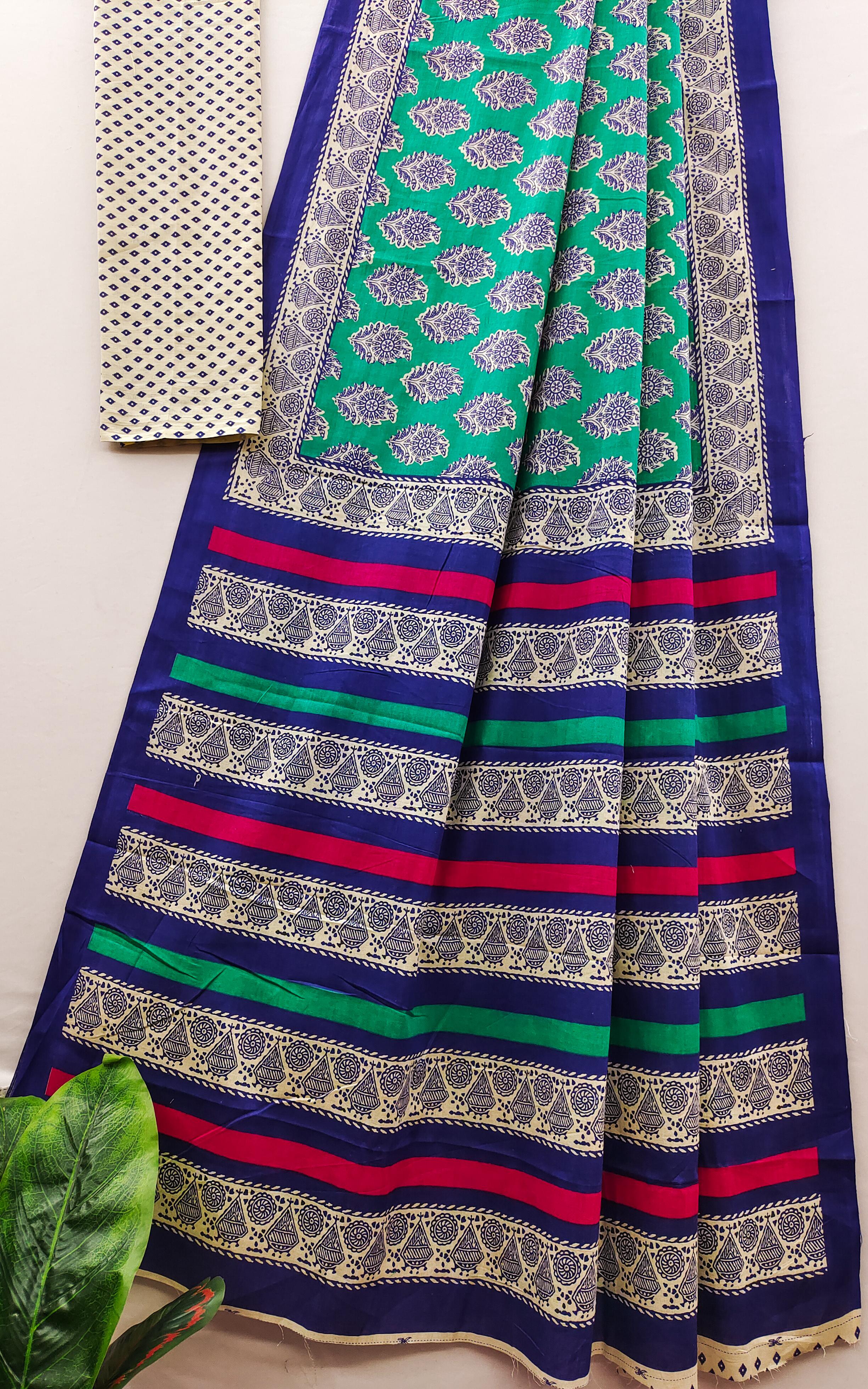 Light Green Pure Soft Cotton Bagru Block Print Saree