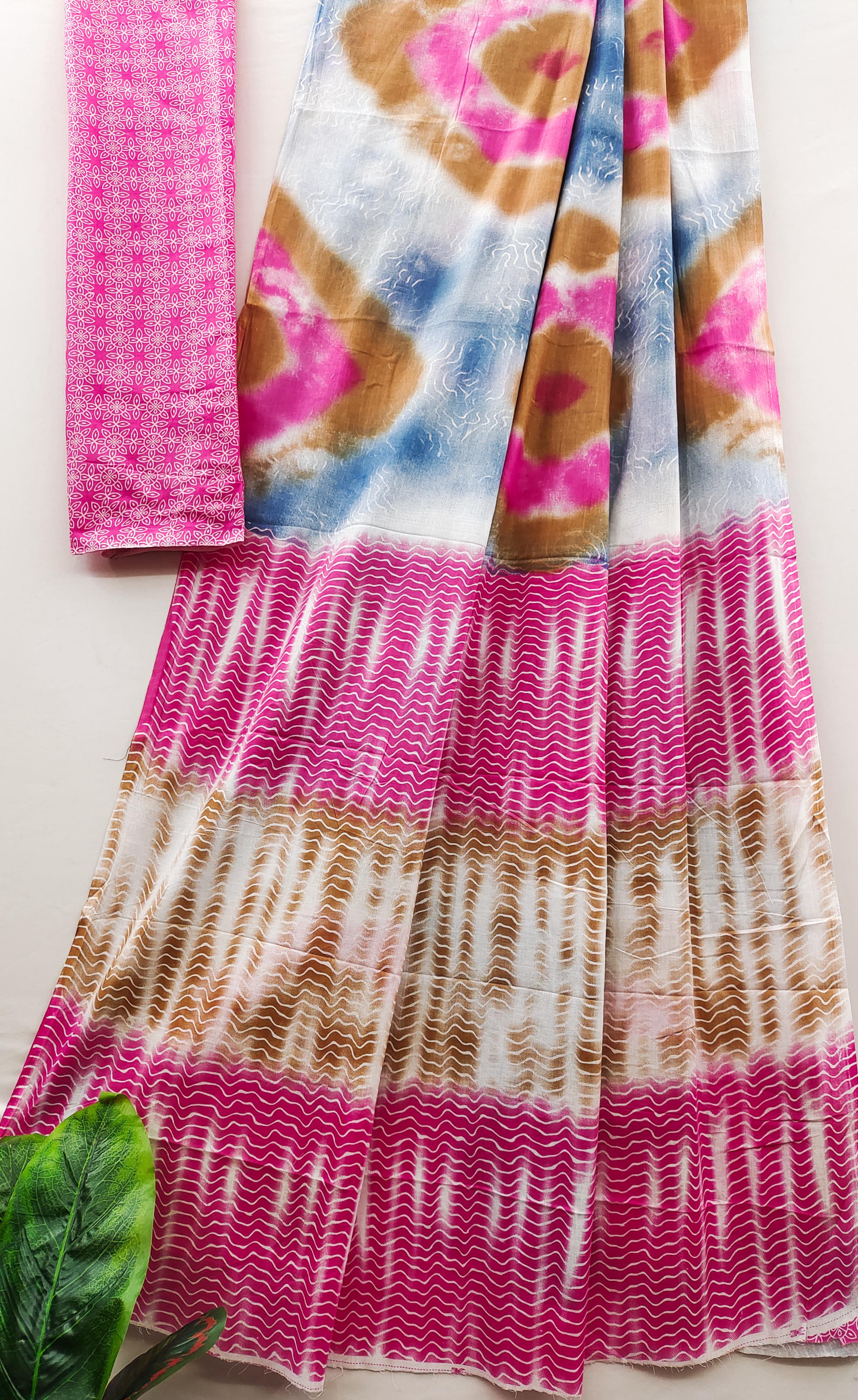 Baby Pink Pure Soft Cotton Bagru Block Print Saree