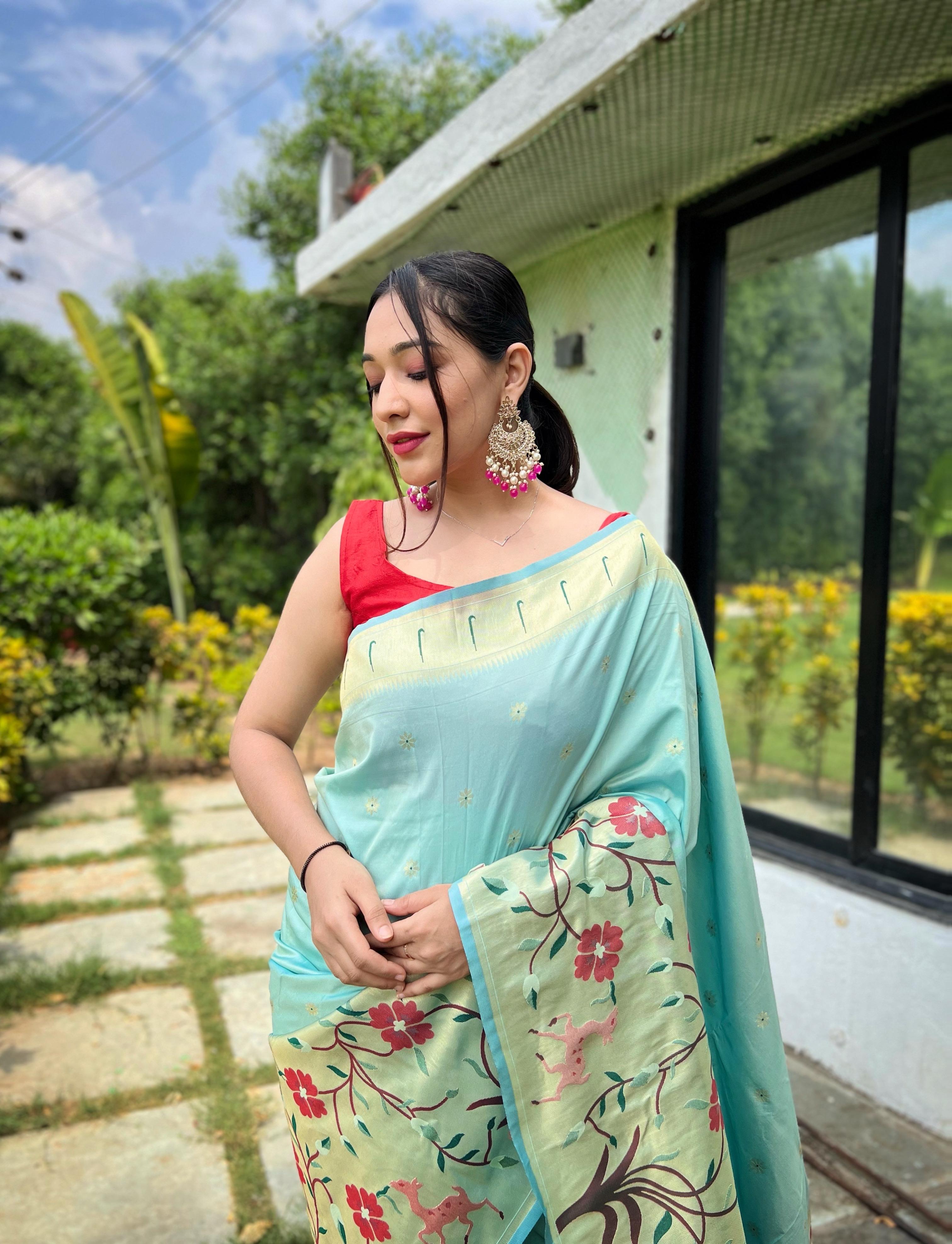 Turquoise Pure Paithani Silk Saree