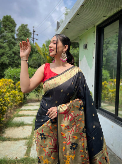 Black Pure Paithani Silk Saree Paithani Saree Anant Tex Exports Pvt.Ltd..