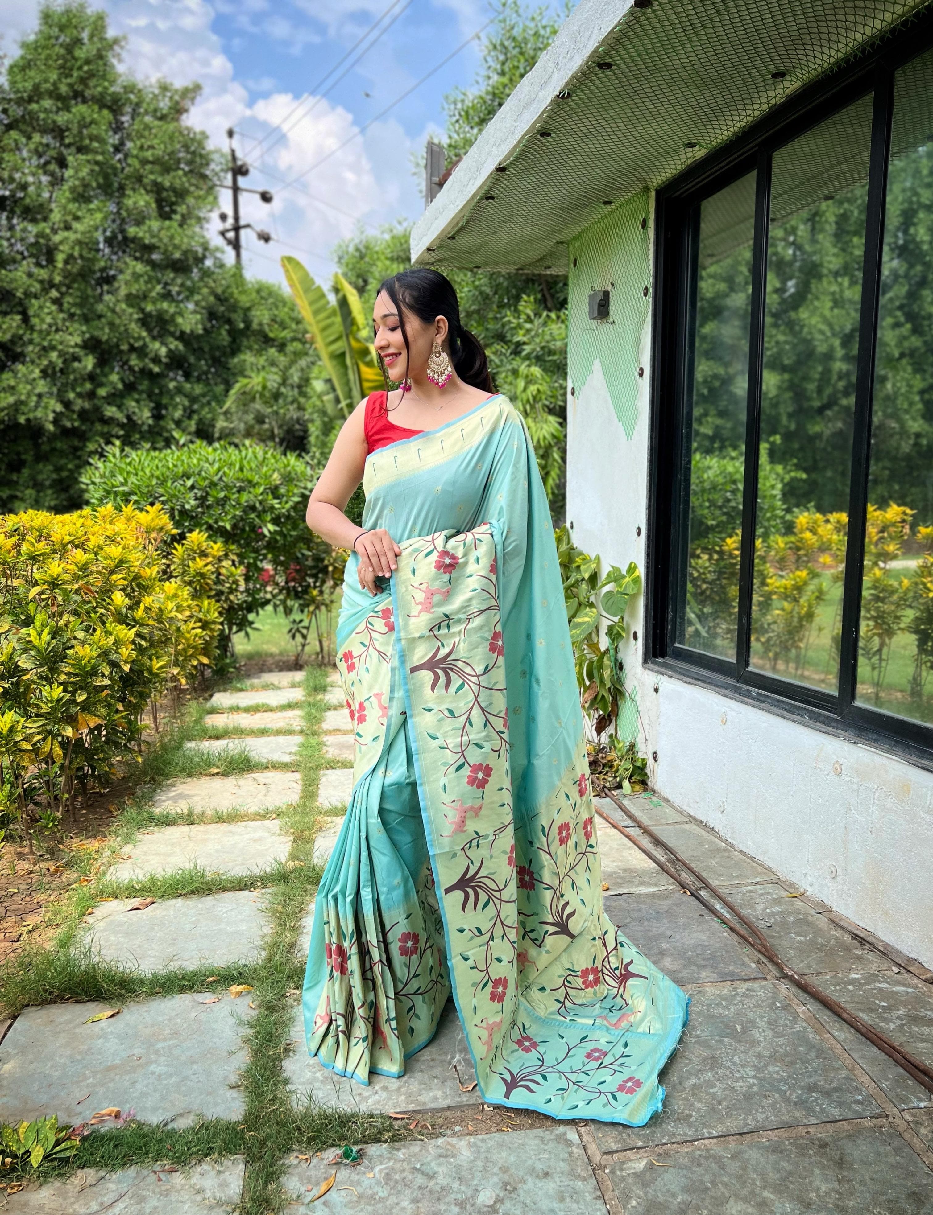 Turquoise Pure Paithani Silk Saree